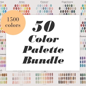 May include: A digital illustration of 50 color palettes, each with 30 color swatches. The palettes are arranged in a grid and labeled with names like "Aquarius", "Aries", "Cancer", "Capricorn", "Gemini", "Leo", "Scorpio", "Taurus", "Summer Flowers", "Vintage Summer", "Ascend", "Avocado", and "Earth". The text "1500 colors" and "50 Color Palette Bundle" are also included in the image.