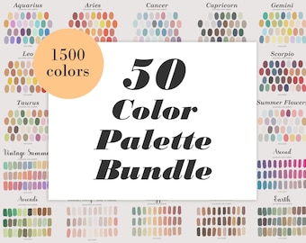 May include: A digital illustration of 50 colour palettes, each with 30 colour swatches. The palettes are arranged in a grid and labelled with names such as "Aquarius", "Aries", "Cancer", "Capricorn", "Gemini", "Leo", "Scorpio", "Taurus", "Summer Flowers", "Vintage Summer", "Ascend", "Avocado", and "Earth". The text "1500 colours" and "50 Colour Palette Bundle" are also included in the image.
