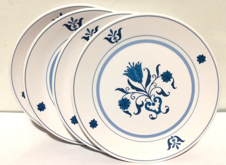 Rare Vintage Noritake Blue Haven - Set of 4 Salad Dessert Plates - made 1966-1979 Progression Blue Flowers & Blue Band