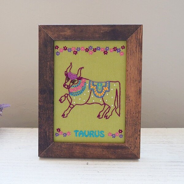 Taurus Embroidered Wall Hanging, Vintage Mid Century Retro Style Design, Rustic Kitsch Boho Wall Decor, Astrology Taurus Gift, Horoscope