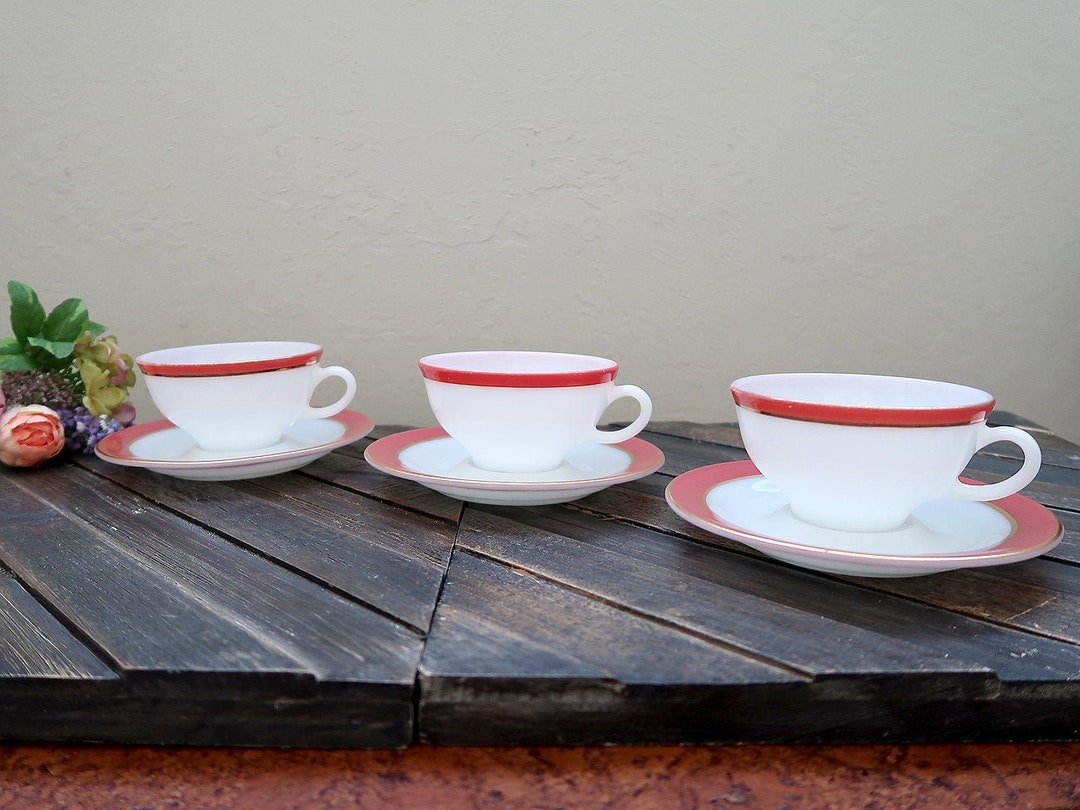 3 Sets of Pyrex Cup and Saucer, Flamingo Pink, Milk Glass, Old Pyrex