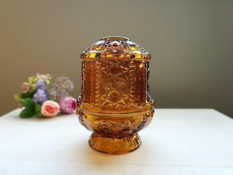 Vintage Amber Glass Fairy Lamp Stars And Bars Indiana Image 0
