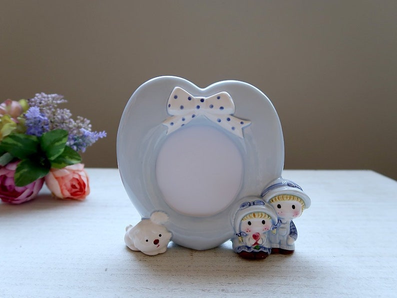 Vintage Lefton Ceramic Photo Frame Kawaii Baby Blue Heart Image 0