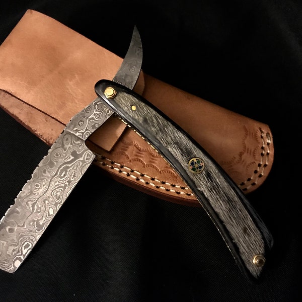 Expertise straight razor, Caliber wood handle,handsome mosaic pins,brass liner Quality made Damascus steel blade shave ready leather sheath