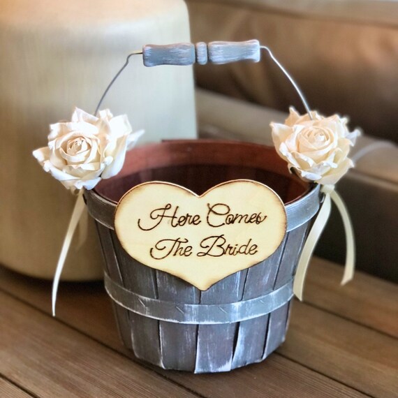 Here Comes the Bride Wedding Flower Girl Ring Bearer Wood Box Basket ~ Rustic 