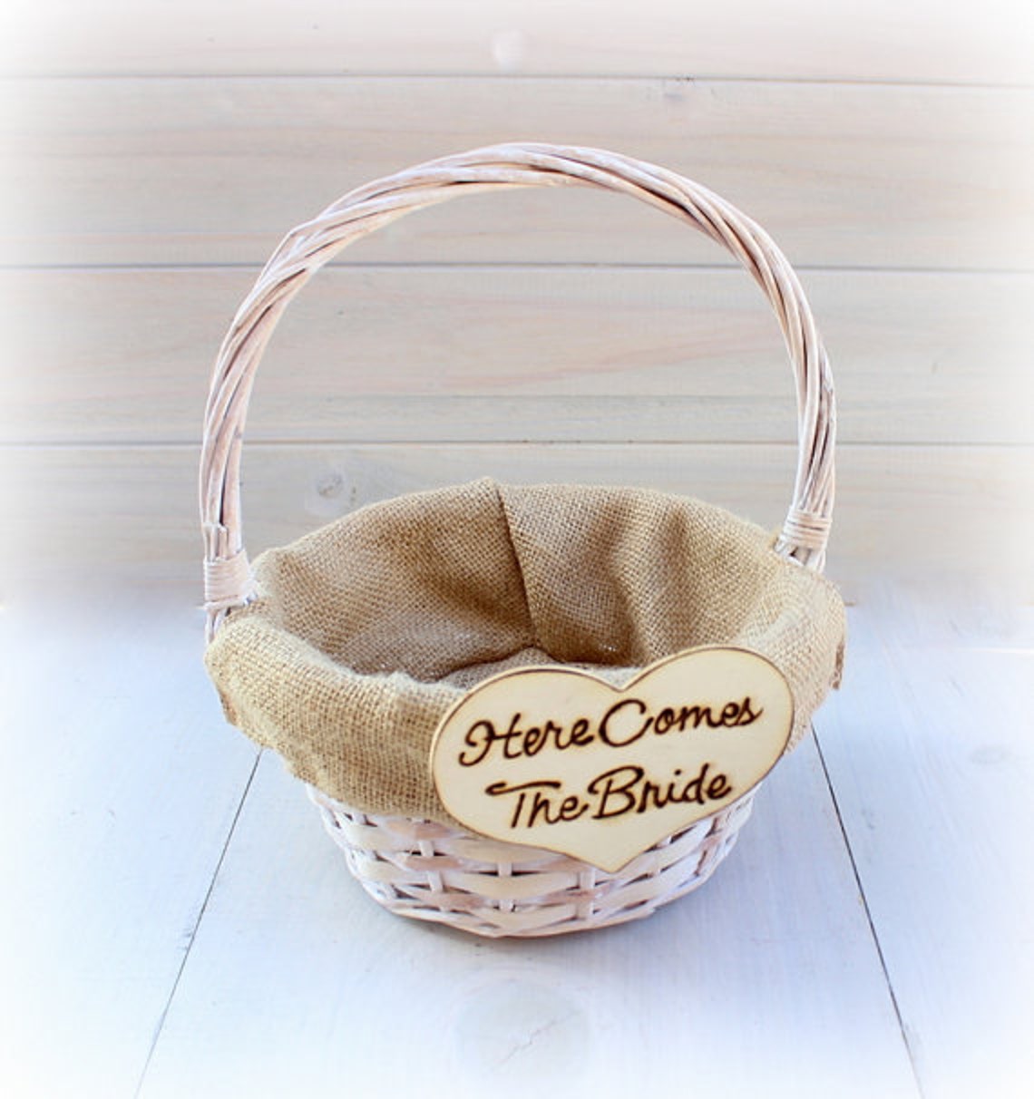 Burlap Flower Girl Basket  Rustic Shabby Chic Wedding Basket image 2