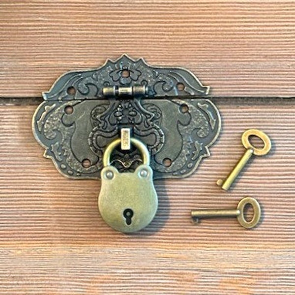 Card Box Lock and Keys - Antique Brass Latch Clasp - Functional Lock - Small Hardware - Box Latch