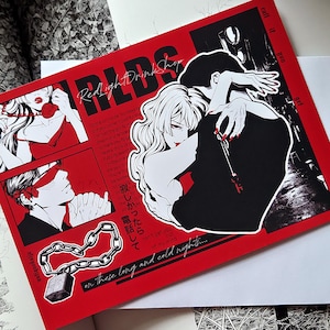 May include: A red print featuring manga-style illustrations of a couple embracing, with additional panels showing a woman in a red dress and a blindfolded person. The print includes the text "Red Light Drink Shop" and Japanese text, with the phrase "on these long and cold nights..."