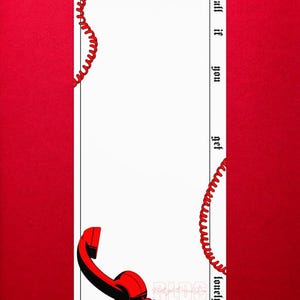 May include: A rectangular white notepad with a red telephone receiver illustration and a red coiled cord border. The text "get you call it lovely" is printed vertically along the right side of the notepad. The background is solid red.