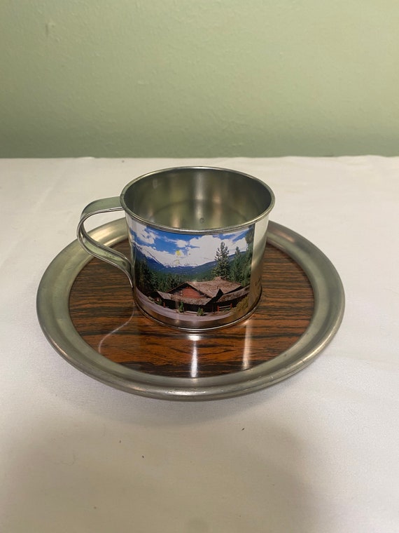 Vintage Ponderosa Tin Metal Cup and Tin Wood Tray Souvenir