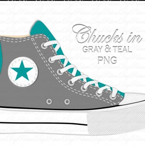 May include: Gray and teal high-top sneakers with a white star on the side. "Chucks in Gray & Teal PNG" is written in white text above the shoe.