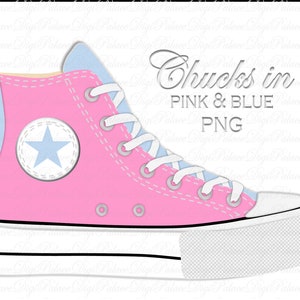 May include: Pink and blue high-top sneakers with a white star on the side. The text "Chucks in PINK & BLUE PNG" is written above the sneakers.