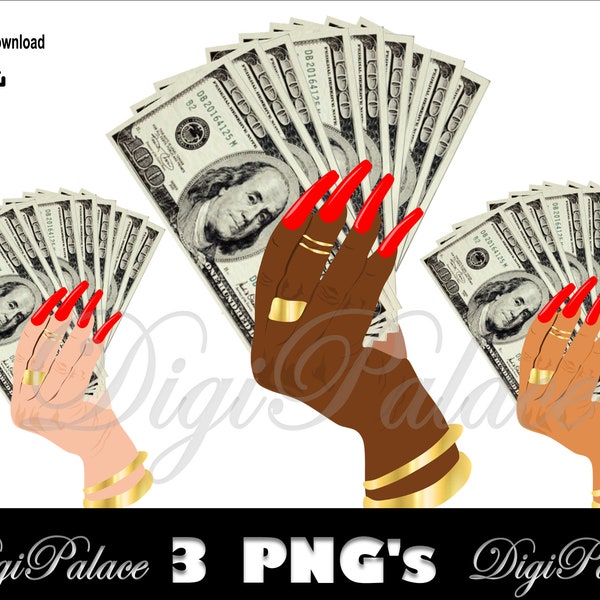 Female Hand Holding Money Fan PNG Design Woman Gold Rings Lady Red Fingernail Girl Gangster Cash Spread Success Rich Rap Hip Hop PNG