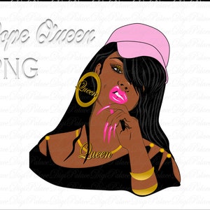 DOPE QUEEN PNG Baseball Cap woman afro gold earrings - Afro African American - Long nails hip hop girl glossy lips glossy nails gold chain