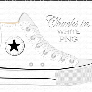 May include: White high-top sneakers with a black star logo. The shoes are called "Chucks in White PNG".