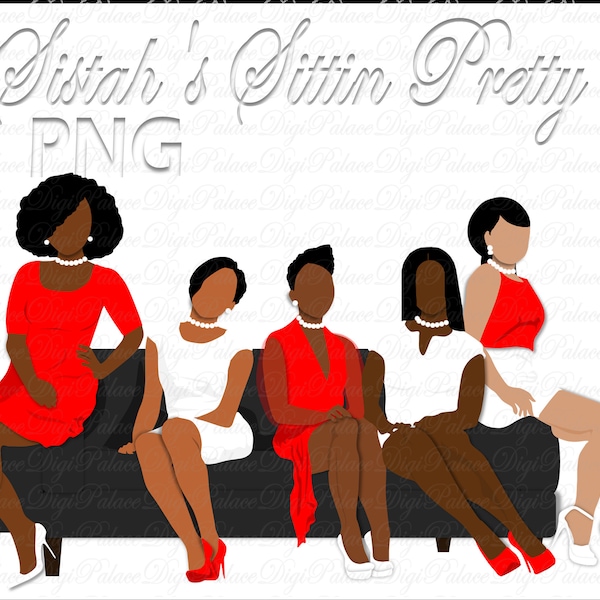 Sorority Sistah Clipart, Sitting, Natural Hair, Black Woman, Black Girl, African American, Sisterhood, Red, White, Curvy Girls, Women, PNG