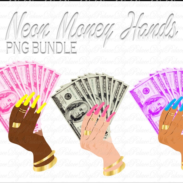 Neon Female Hand Holding Money Fan PNG Design Woman Gold Rings Lady Pink Fingernail Girl Gangster Cash Spread Success Rich Rap Hip Hop PNG