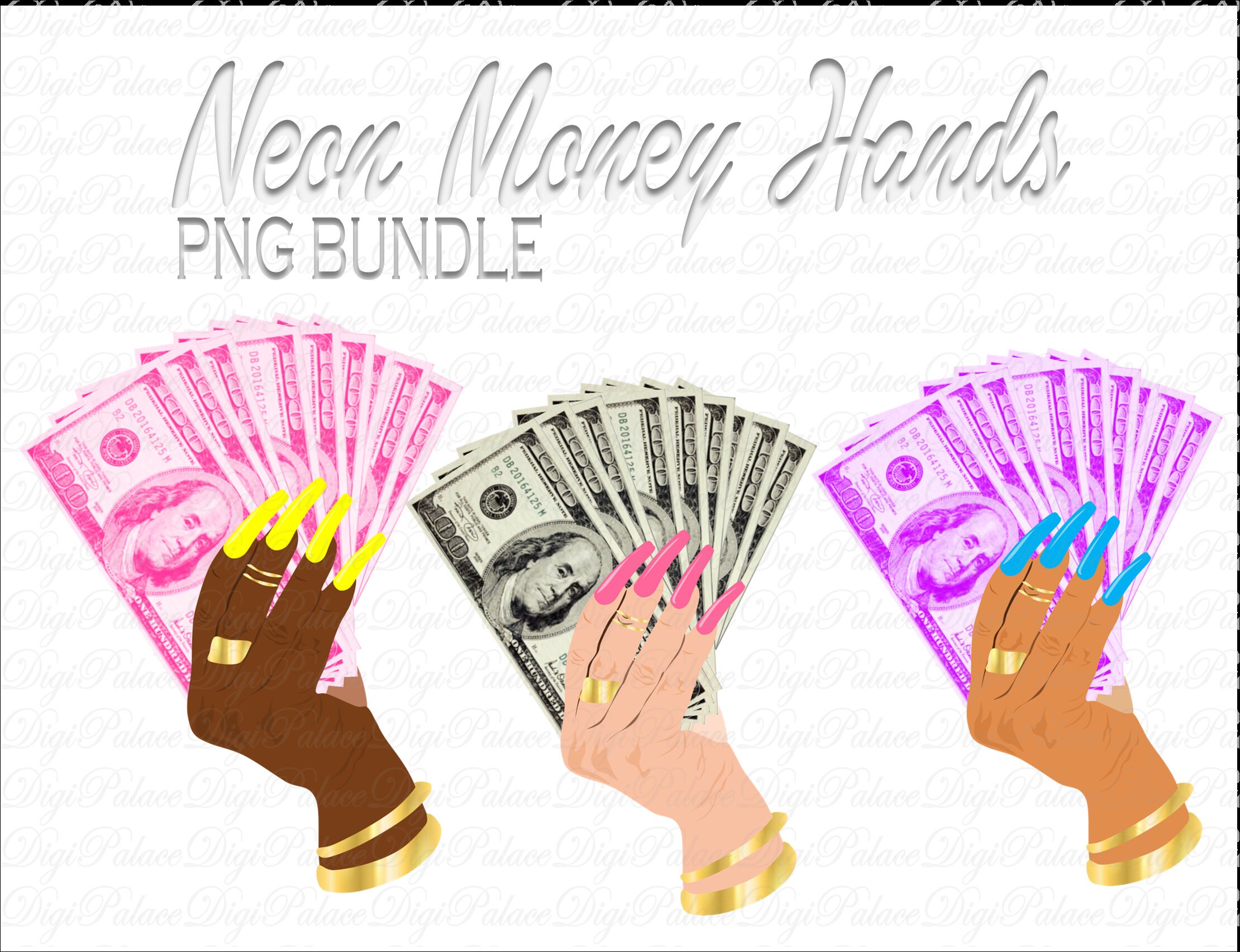Neon Female Hand Holding Money Fan PNG Design Woman Gold Rings Lady Pink Fingernail Girl Gangster Cash Spread Success Rich Rap Hip Hop PNG