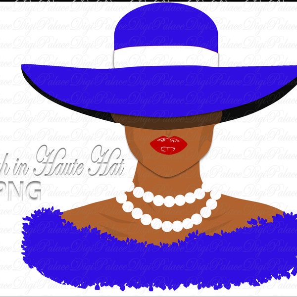Fedora Hat, Sorority Sistah Clipart, Natural Hair, Black Woman, Black Girl, African American, Sisterhood, Blue, White, Women, PNG