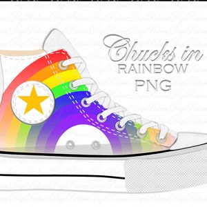 May include: White high-top sneakers with a rainbow design and a yellow star on the side. The text "Chucks in RAINBOW PNG" is written above the shoe.