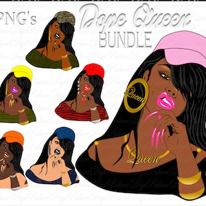 DOPE QUEEN 6 PNG&#39;s Bundle  Baseball Cap woman gold earrings - Afro African American - Long nails hip hop girl glossy lips glossy nails chain