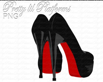 May include: A pair of black high-heeled shoes with red soles. The shoes have a platform and a stiletto heel. The text "Pretty lil Platforms PNG" is visible in the background.