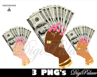 Female Hand Holding Money Fan PNG Design Woman Gold Rings Lady Pink Fingernail Girl Gangster Cash Spread Success Rich Rap Hip Hop PNG