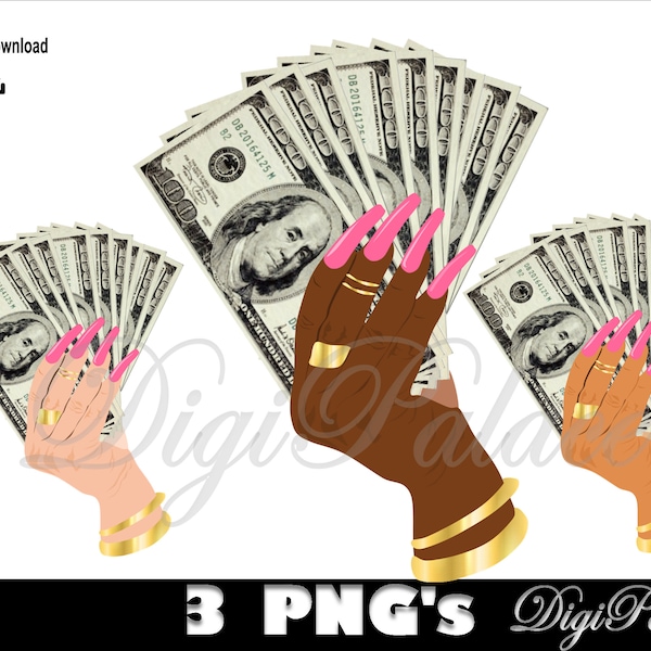 Female Hand Holding Money Fan PNG Design Woman Gold Rings Lady Pink Fingernail Girl Gangster Cash Spread Success Rich Rap Hip Hop PNG