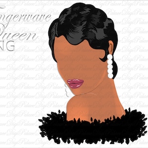 Puede incluir: Una ilustración digital de una mujer con ondas de dedos negras, que lleva un chal de plumas negras y grandes pendientes de perlas. El fondo es blanco.