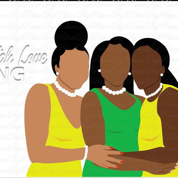 Sorority Sistah Love Clipart, Natural Hair, Black Woman, Black Girl, African American, Sisterhood, Green, Yellow, Curvy Girls, Women, PNG