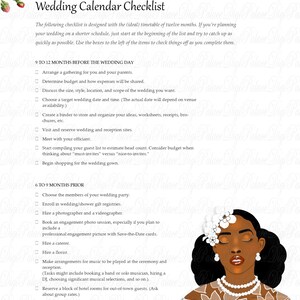 African American Bride Wedding Checklist Printable, 12 Month Wedding Planning Checklist, Wedding To Do List, 8.5 x 11 Instant Download PDF