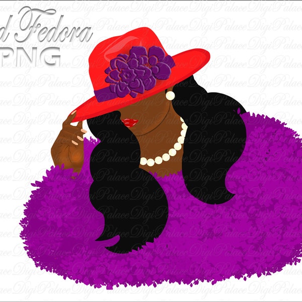 Fedora Hat, Sorority Sistah Clipart, Natural Hair, Black Woman, Black Girl, African American, Sisterhood, Red, Purple, Women, PNG
