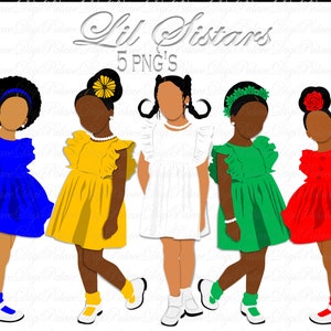 5 Png&#39;s Cute girls in dresses with afro puffs, Bundle, ponytails, Cute black African American kids Png , African American clipart