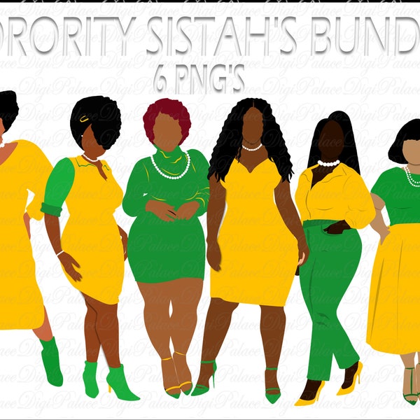 Sorority Sistah Clipart, Natural Hair, Black Woman, Black Girl, African American, Sisterhood, Green, Yellow, Curvy Girls, Women, PNG