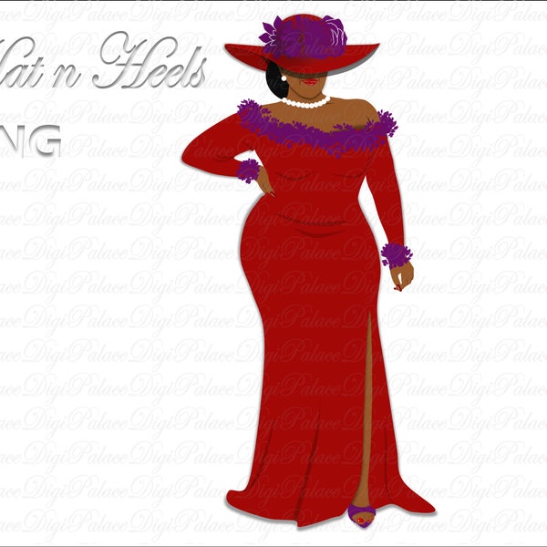 Hats n Heels Sorority PNG Clipart, Natural Hair, Black Girl, Black Women, African American Clipart, Red and Purple, Fashion Girl, PNG
