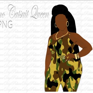 Black Woman in Camo Green Catsuit Clipart, Curvy Girl Clipart, Girl Clipart, African American Fashion Clipart, Plus Size Clipart