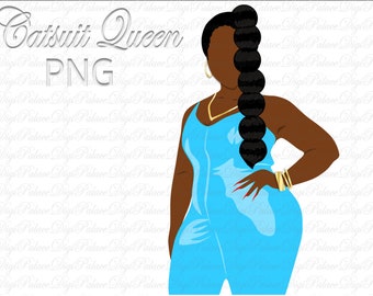 Black Woman in Aqua Blue Catsuit Clipart, Curvy Girl Clipart, Girl Clipart, African American Fashion Clipart, Plus Size Clipart