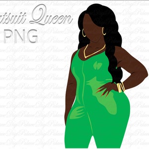 Black Woman in Green Catsuit Clipart, Curvy Girl Clipart, Girl Clipart, African American Fashion Clipart, Plus Size Clipart