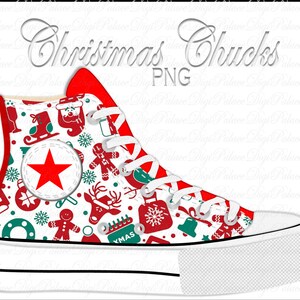 May include: White high-top sneakers with a Christmas-themed design. The sneakers feature red and green holiday icons, including snowflakes, ornaments, candy canes, and gingerbread people. The text "XMAS" is printed on the side of the shoe.
