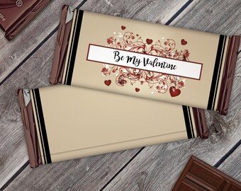 Be My Valentine Beige Burgundy Printable Hershey Candy Bar Wrappers - Instant Download - Valentine's Day - Hearts