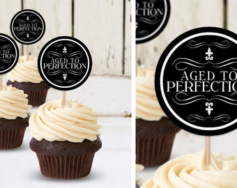 Aged to Perfection Black - Birthday Party Printable Cupcake Toppers, Stickers, Favor Labels - Instant Download
