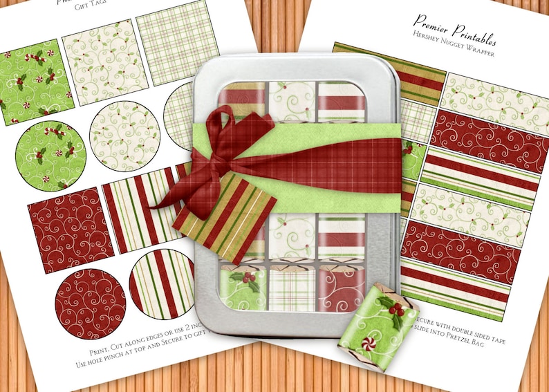 Vintage Christmas Printable Hershey Nugget Wrappers and Favor Tags Kit Instant Download image 1
