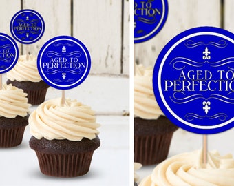 Aged to Perfection Blue - Birthday Party Printable Cupcake Toppers, Stickers, Favor Labels - Instant Download