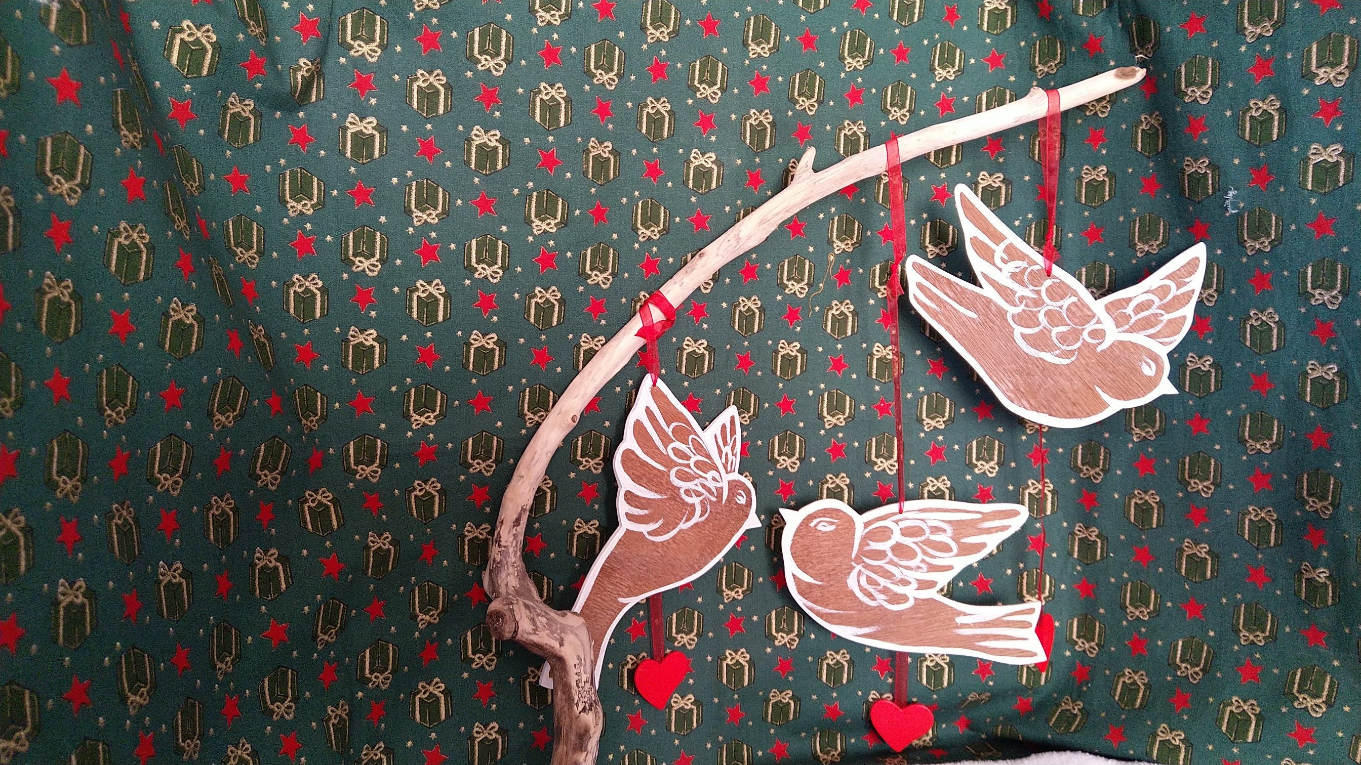 Oiseau , Bois, Ruban, Coeur, Peint à La Main