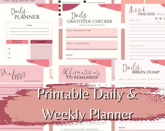 Puede incluir: Un conjunto de páginas imprimibles de planificador diario y semanal en tonos rosa y blanco. Las páginas incluyen secciones para listas de tareas, citas, controles de gratitud, rastreadores de estado de ánimo y afirmaciones. Se muestra el texto "Printable Daily & Weekly Planner".