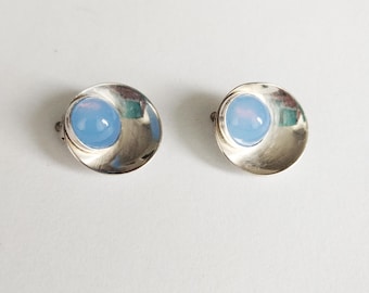 Vintage Hermann Siersbol Denmark Modernist Sterling Silver Clip On Earrings With Blue Stones