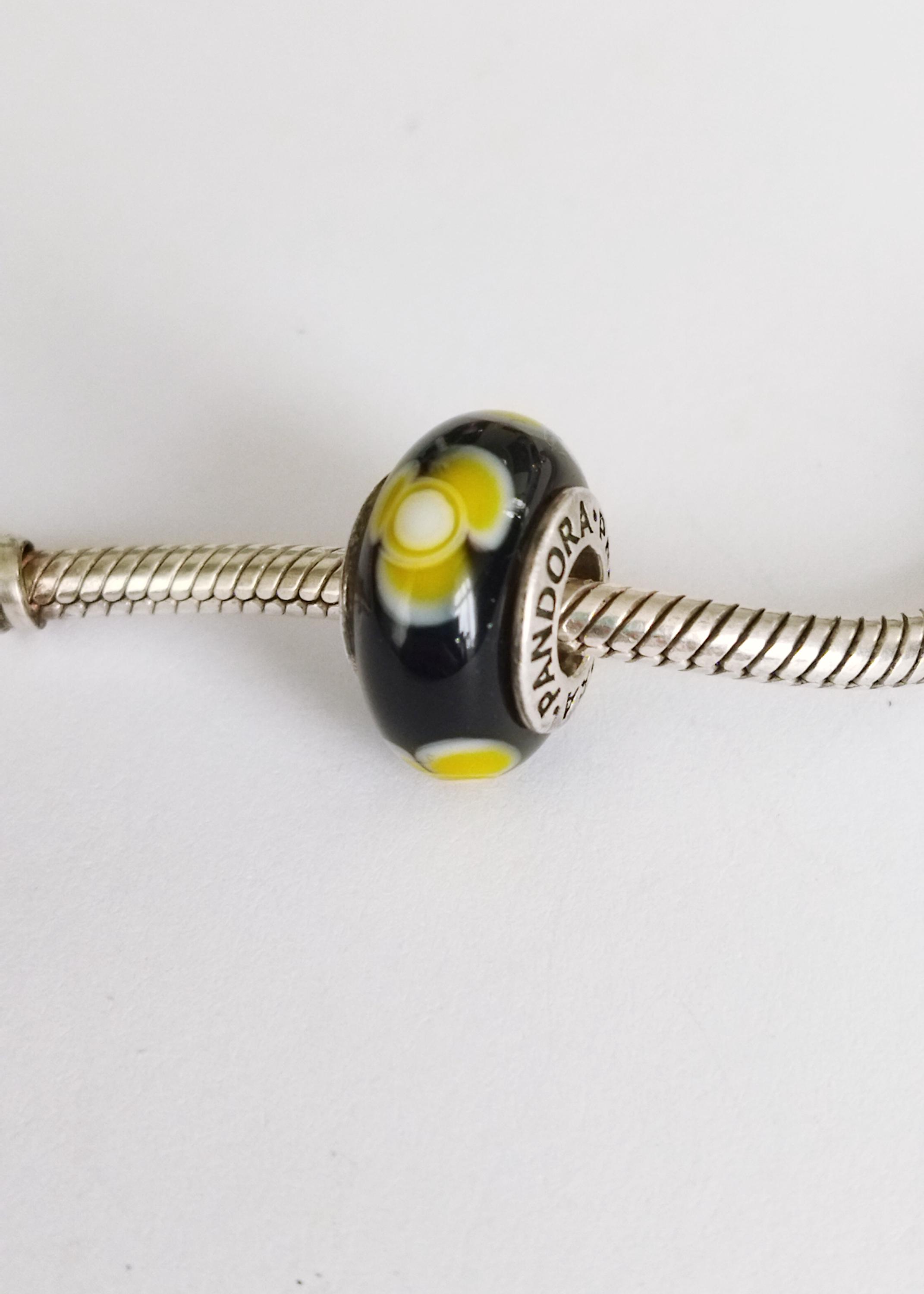 Authentic Pandora Silver Murano Black With Yellow Flowers