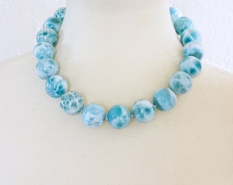 Natural 20mm Round Turtleback Larimar Beaded Necklace with Sterling Silver Toggle Clasp