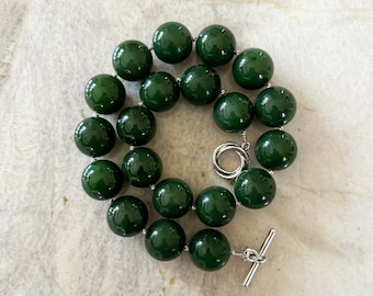 Canadian Nephrite Jade 20mm Round Beaded Necklace with Handmade Artisan Sterling Silver Toggle Clasp - Custom Cut Top Quality