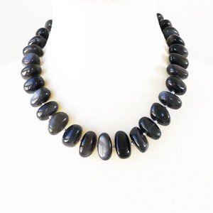 Black Moonstone Chatoyant Beaded Necklace wth Sterling Silver Hook and Eye Clasp - June Birthstone Top Quality